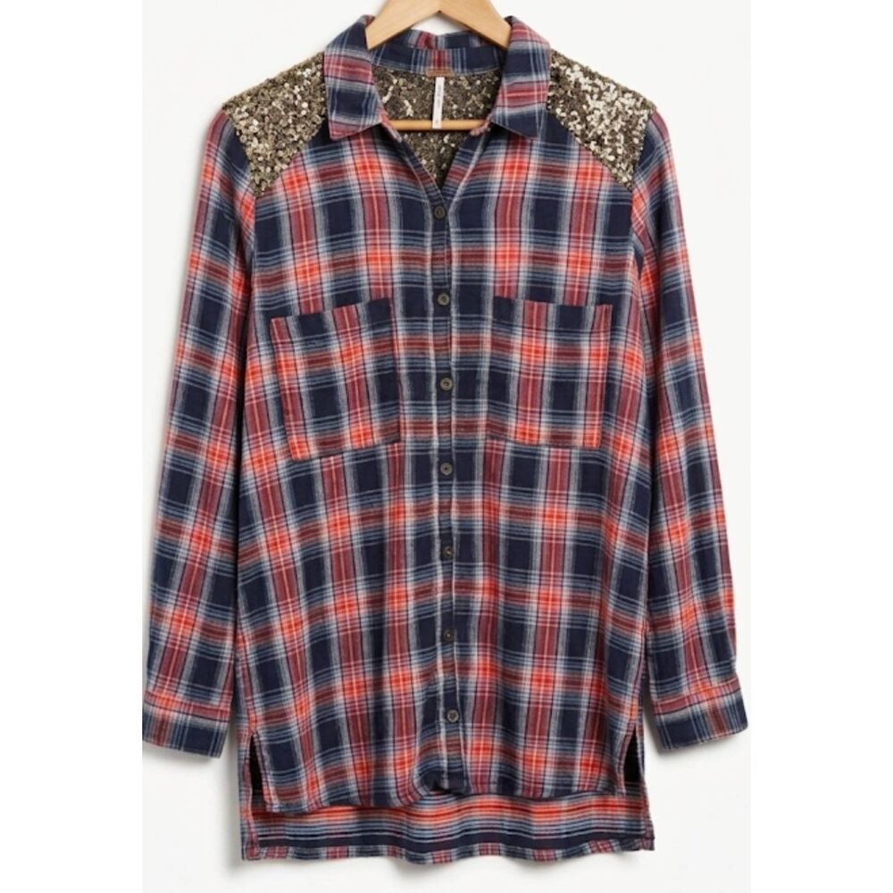 Free People womens medium long top sequin blouse plaid shirt blue pale red